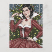Carte Postale Dame Vampire en robe rouge avec rayures Noël (Devant)