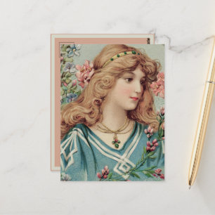 Carte Postale Dame victorienne avec fleurs roses et bleues dans 