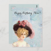 Carte Postale Dame victorienne en Casquette plumé avec roses ros (Devant / Derrière)