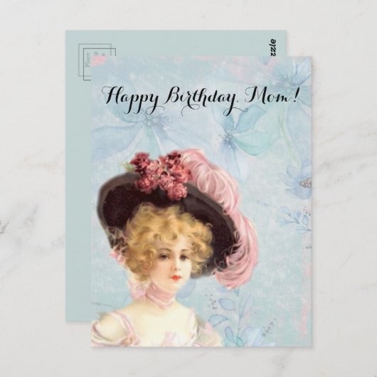 Carte Postale Dame victorienne en Casquette plumé avec roses ros (Devant / Derrière)