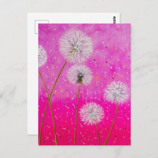 Carte Postale Dandelions Abstrait Peinture, Fleurs roses Art (Devant / Derrière)