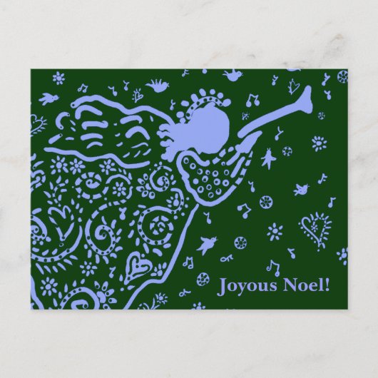 Carte postale d'ange à trompette bleue et verte (Devant)