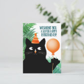 Carte postale d'anniversaire avec chat noir et bal (Debout devant)