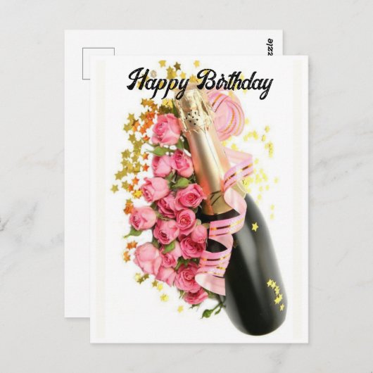 Carte postale d'anniversaire Champagne & Roses ros (Devant / Derrière)