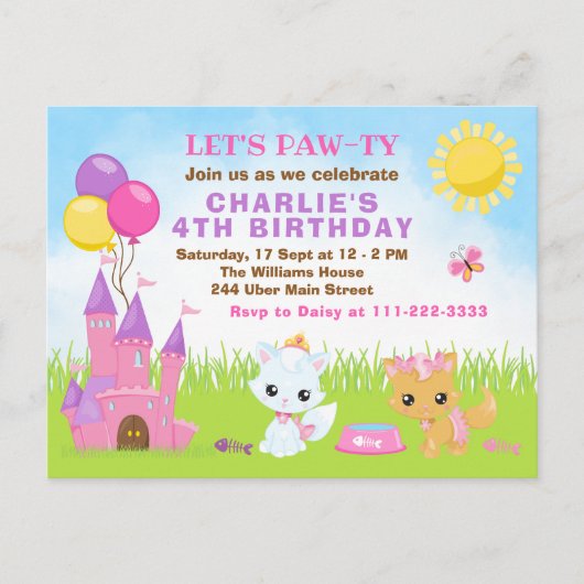 Carte postale d'anniversaire Château Rose Chat Cha (Devant)