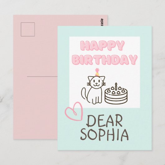Carte postale d'anniversaire de chat bleu ciel et (Devant / Derrière)