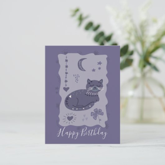 Carte postale d'anniversaire de chat nocturne fant (Debout devant)