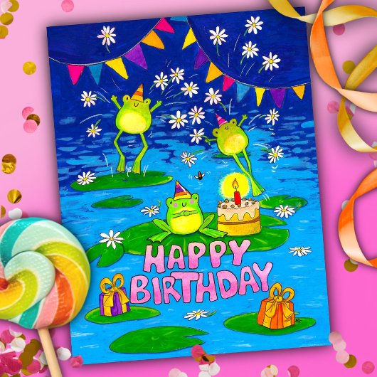 Carte postale d'anniversaire de grenouilles joyeus