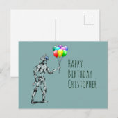 Carte postale d'anniversaire de robot avec ballons (Devant / Derrière)