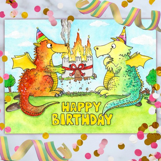 Carte postale d'anniversaire Dragons joyeux 