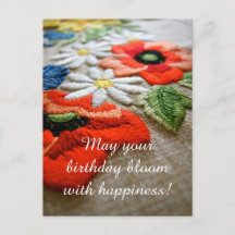 Carte postale d'anniversaire en broderie