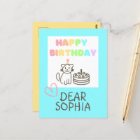 Carte postale d'anniversaire féerique avec un chat
