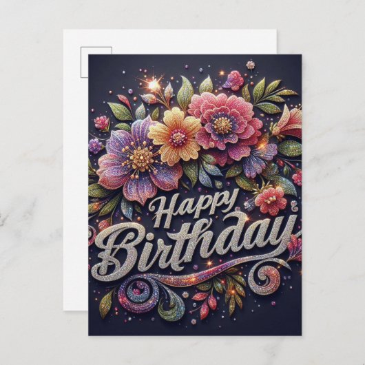 Carte postale d'anniversaire : glittre coloré (Devant / Derrière)