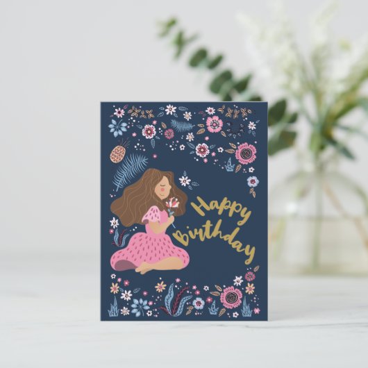 Carte postale d'anniversaire joyeux bleue avec fle (Debout devant)