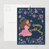 Carte postale d'anniversaire joyeux bleue avec fle (Devant / Derrière)