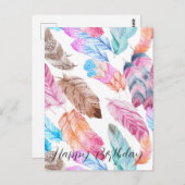 Carte postale d'anniversaire joyeux colorée à plum (Devant / Derrière)