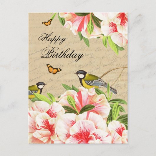 Carte postale d'anniversaire vintage avec oiseaux (Devant)