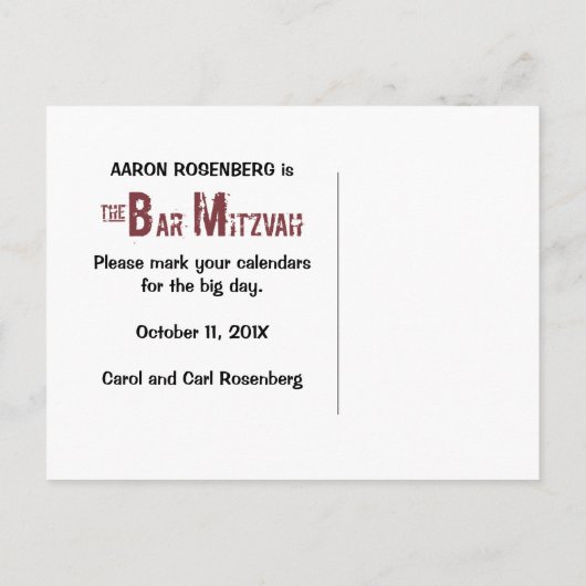 Carte postale d'annonce de Bar Mitzvah en bande de (Dos)