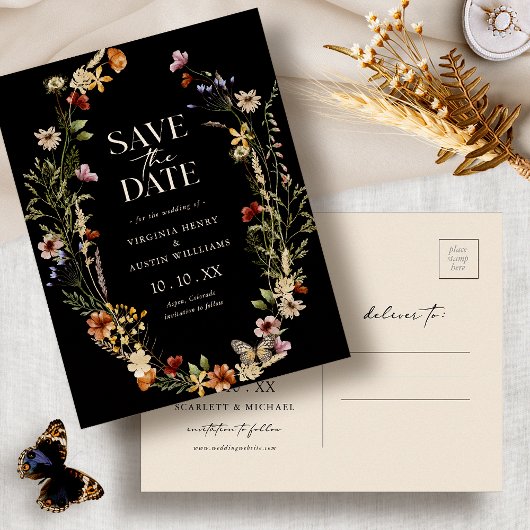 Carte postale d'annonce de mariage bohème noir