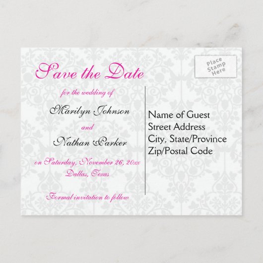 Carte postale d'annonce de mariage rose, blanche e (Dos)