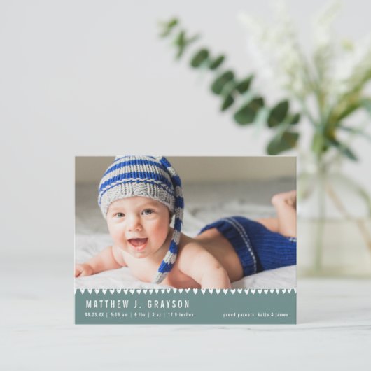 Carte postale d'annonce de naissance de bébé vert (Debout devant)