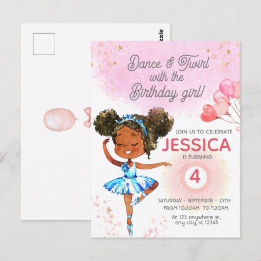 Carte Postale Danse et Tournoiement Fille de ballet rose Anniver (Devant / Derrière)