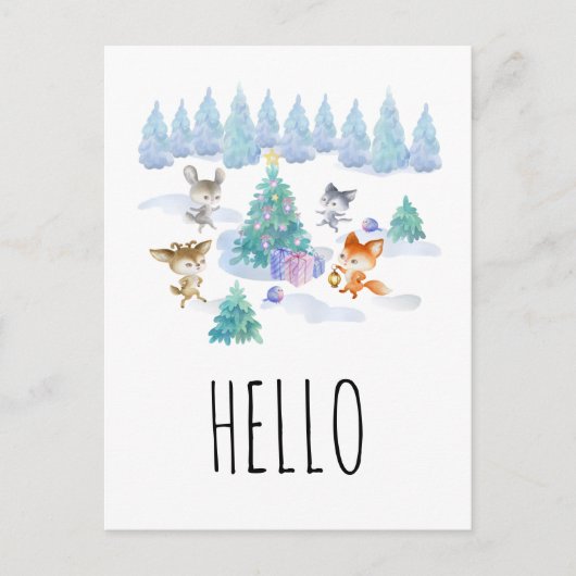 Carte Postale Danser Noël Forêt Animaux Aquarelle Bonjour (Devant)