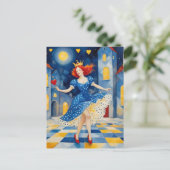 Carte Postale Danseuse Dame Avec Cheveux Rouge Bleu Robe Or Cour (Debout devant)