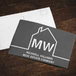 Carte Postale Dark Grey Société Immobilier Monogram Realtor<br><div class="desc">Cette carte postale de vente moderne monogramme gris foncé est faite sur mesure avec le nom de votre société immobilière en noir sous les initiales de l'agent immobilier en simple typographie. Ce design gris minimaliste présente un contour simple de ligne d'une maison. Un cadeau contemporain pour un agent qui travaille...</div>