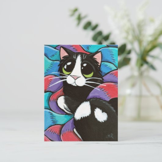 Carte postale d'art de chat Tuxedo reposant sur de (Debout devant)