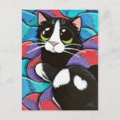 Carte postale d'art de chat Tuxedo reposant sur de (Devant)