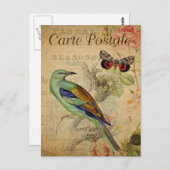 Carte postale d'art de collage floral oiseau vinta (Devant / Derrière)