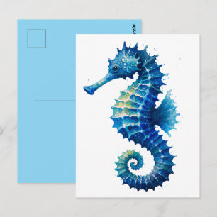 Carte postale d'art de hippocampe à l'aquarelle bl