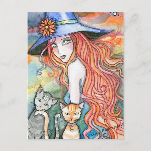 Carte postale d'art Halloween Chat Sorcière de Mol (Devant)