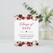 Carte Postale Date de mariage reportée Burgundy Red Blush Floral (Debout devant)