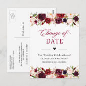 Carte Postale Date de mariage reportée Burgundy Red Blush Floral (Devant / Derrière)