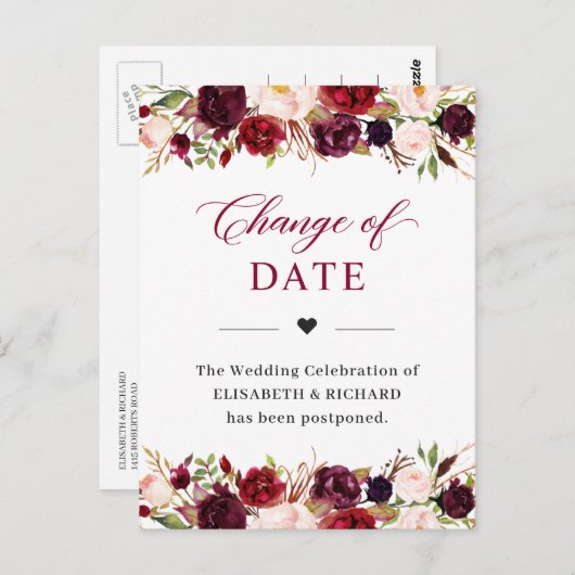 Carte Postale Date de mariage reportée Floral rouge bordeaux (Devant / Derrière)