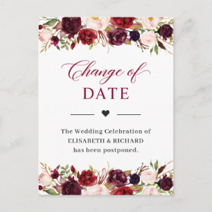 Carte Postale Date de mariage reportée Floral rouge bordeaux et 