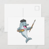 Carte Postale Dauphin en peintre avec pinceau et couleur (Devant / Derrière)