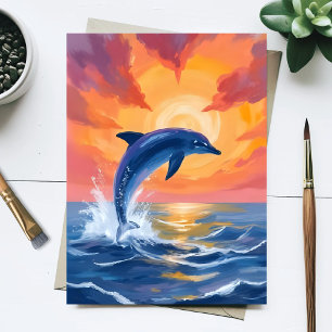 Carte Postale Dauphin Saut Coucher de Soleil Aquarelle Océan Pei