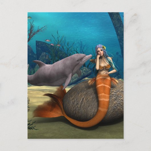 Carte Postale Dauphine sirène rêveuse Art de fantaisie sous-mari (Devant)