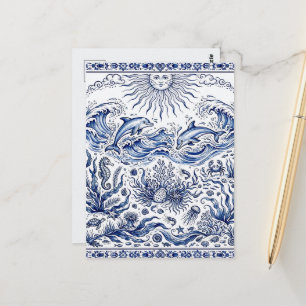 Carte Postale Dauphins joyeux Fantaisie mer Delft Style Bleu Bla