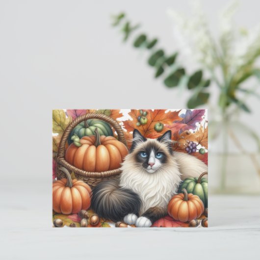 Carte postale d'automne de chat ragdoll joyeuse (Debout devant)