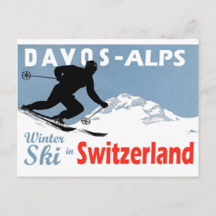 Carte Postale Davos - Alpes, ski d'hiver en Suisse, vintage