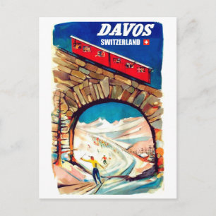 Carte Postale Davos, téléphérique rouge sur le pont, Suisse