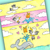 Carte postale de baleines et mouettes joyeuses pou