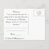 Carte postale de bienvenue professeur hibou vert (Dos)