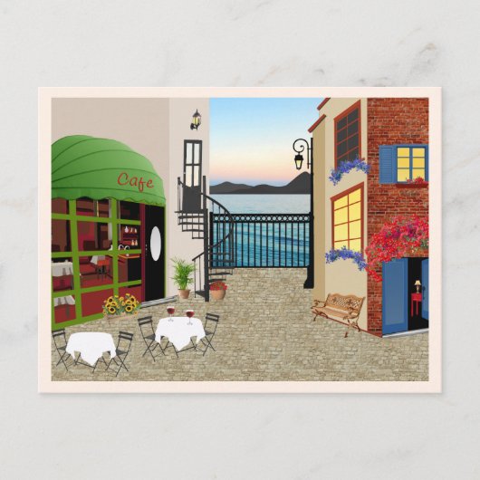 Carte postale de café restaurant sur rue et mer (Devant)