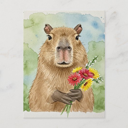 Carte postale de capybara mignon avec des fleurs (Devant)