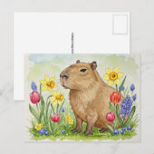 Carte postale de capybara mignon avec des fleurs d (Devant / Derrière)